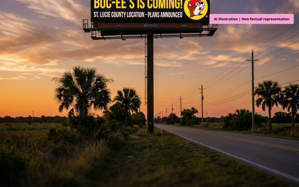 Buc-ees announcement billboard for new St Lucie County location on I-95