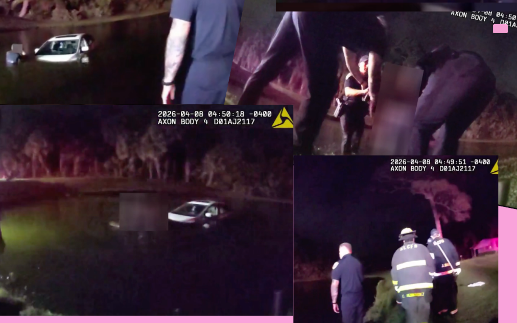 Police officers rescuing two elderly people from car in pond after crash in Port St Lucie