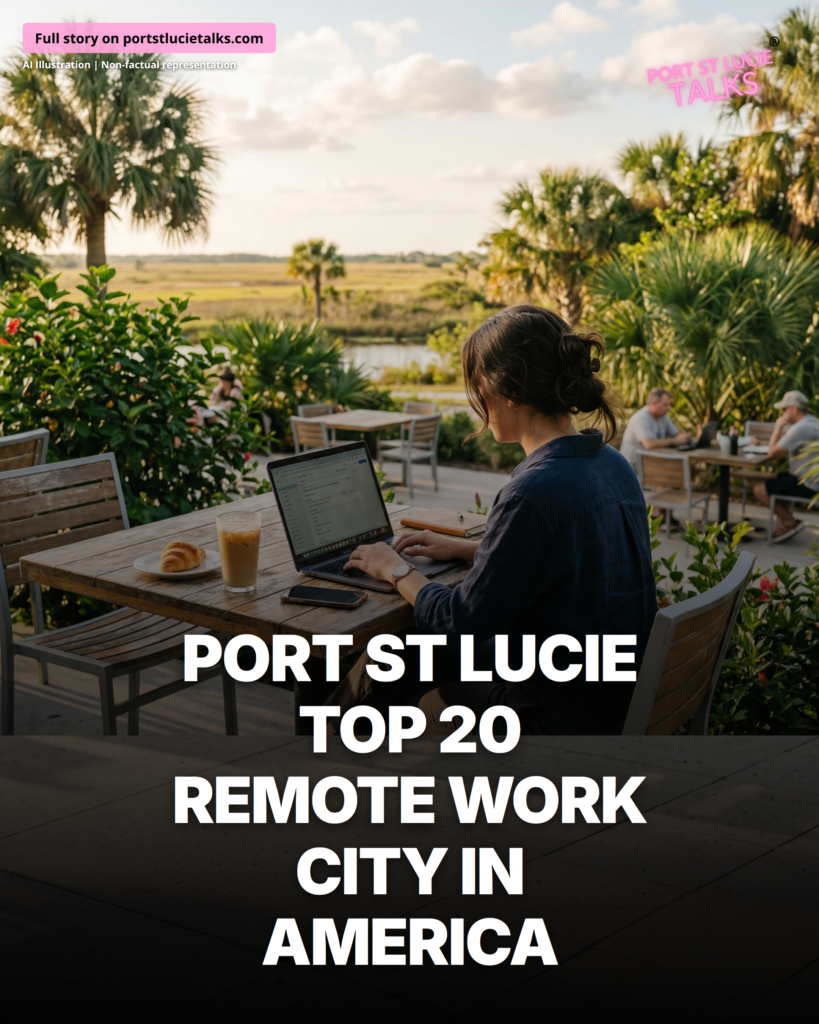 People working remotely in Port St Lucie cafe with laptops and coffee