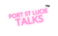 Port St. Lucie Talks logo in pink neon text.